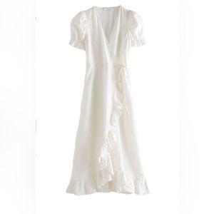 & OTHER STORIES White Linen Frilled Midi Dress with Puff Sleeve, Sz US10